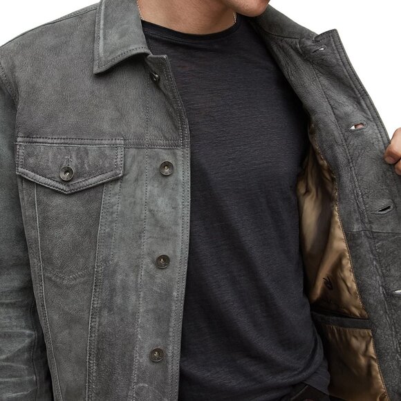 John Varvatos Men's Andrew Trucker Jacket Distressed Sheepskin Leather Seal Grey - Picture 2 of 8